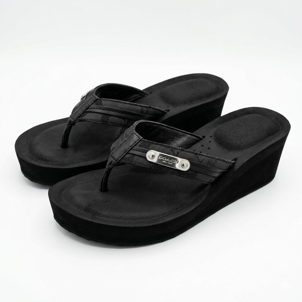 Coach Jaden Signature Wedge Thong Sandals Womens SZ 8 Black Platform Flip Flops